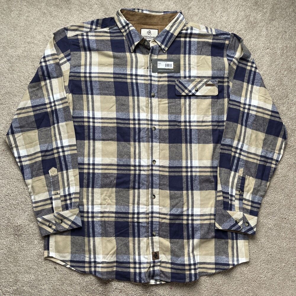 Legendary Whitetails Buck Camp Flannel Shirt Mens 2XT Plaid Tan Blue Casual